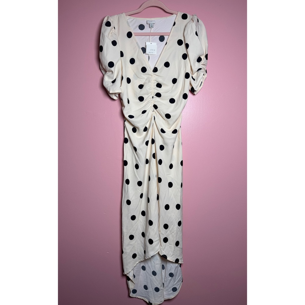 A New Day Polka Dot Puff Sleeve Ruched High Low Midi Dress Beige Black Small NWT